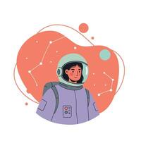Female astronaut in space suit with constellation background illustration for science and space exploration themes vector