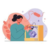 Woman using 3D printer creating geometric object with filament spool in background illustration vector