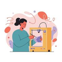 Woman Using 3D Printer for Creative Design and Prototyping in Modern Technology Environment vector