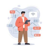 Man Using Tablet for Smart Home Automation Control with Connected Devices and Wireless Network Technology vector