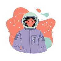 Female astronaut in space suit with abstract constellation background illustration vector