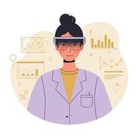 Female Scientist Wearing Augmented Reality Glasses Analyzing Data Charts in Lab Coat Illustration vector
