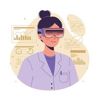 Female scientist in lab coat using virtual reality glasses with data charts in background illustration vector