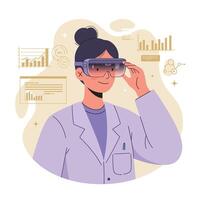 Female scientist wearing augmented reality glasses analyzing data visualization charts in futuristic technology environment vector