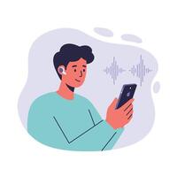 Young man listening to music with earbuds using smartphone enjoying audio sound waves illustration vector