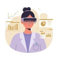 Female scientist wearing augmented reality glasses analyzing data charts and graphs in lab coat illustration vector