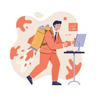 Businessman with jetpack flying and working on computer multitasking in office environment illustration vector