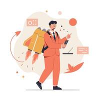 Businessman with jetpack flying forward using smartphone for productivity and innovation concept illustration vector