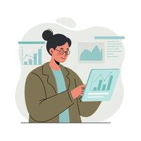 Businesswoman analyzing financial data on transparent tablet with charts and graphs in office environment illustration vector