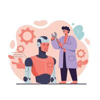 Robot maintenance by technician with wrench and headset in futuristic technology illustration vector