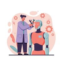 Technician repairing futuristic robot with tools in technology workshop for innovation and maintenance vector