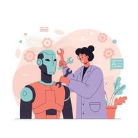 Robot maintenance illustration with technician repairing humanoid robot using tools in engineering setting vector