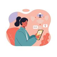 Young woman using smart home technology with tablet controlling devices in modern digital environment illustration vector