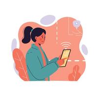 Young woman using smartphone for music streaming and navigation in casual jacket illustration vector