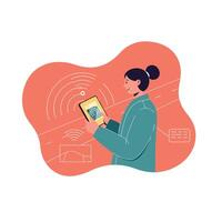 Woman using tablet with wireless technology and digital interface in modern communication illustration vector