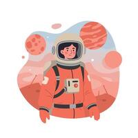Astronaut in orange space suit exploring red planet with planets in background illustration vector