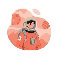 Astronaut in orange space suit exploring fictional planet with red and peach planets background illustration vector