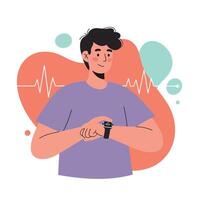 Man Checking Smartwatch with Heartbeat Pulse Background Illustration in Purple and Coral Colors vector