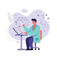 Scientist analyzing data on digital screen with molecular structures and chemical formulas in modern laboratory environment vector
