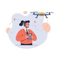 Woman controlling drone with remote controller and headset in modern technology illustration vector