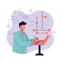 Scientist analyzing data on laptop with scientific charts and digital interface in laboratory setting vector
