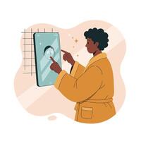 Person in bathrobe using smart mirror with facial recognition technology for skincare routine and digital interaction vector
