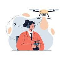 Woman Operating Drone with Remote Control and Headset in Modern Technology Illustration vector