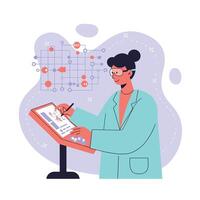 Female scientist analyzing data on digital tablet with futuristic interface and technology elements in lab coat vector