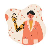 Person with robotic prosthetic arm technology in pink and beige coat illustration with molecular background vector