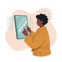 Person interacting with touchscreen digital interface technology in modern lifestyle context illustration vector