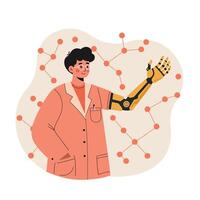 Person with robotic arm exploring technology and innovation in futuristic digital network environment illustration vector