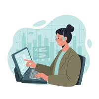 Woman working on laptop with futuristic data interface in office environment illustration vector