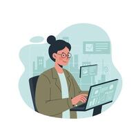 Woman working on laptop with data analytics and business charts in office illustration vector