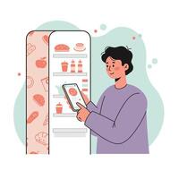 Young man using smartphone to order groceries online with refrigerator and food icons in background illustration vector
