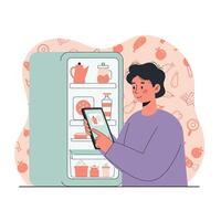 Person using smartphone checking food inventory in open refrigerator with healthy products illustration vector
