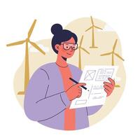 Woman engineer working on wind turbine project with renewable energy concept illustration vector