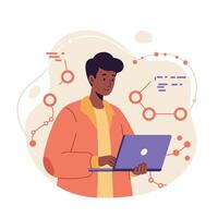 Young man working on laptop with data analysis and network connections illustration in orange and purple vector