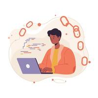 Young person coding on laptop with abstract programming elements illustration in warm tones vector