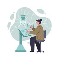 Woman scientist analyzing data with microscope and digital screen in laboratory illustration vector