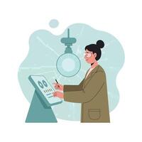 Woman scientist analyzing data on digital tablet in laboratory environment with modern lighting illustration vector