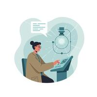 Female scientist working with advanced laboratory equipment and holographic molecular model in research lab illustration vector
