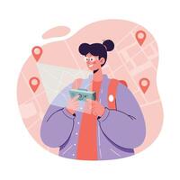 Woman Tourist Taking Photo with Camera in City Map Background with Location Pins Illustration vector