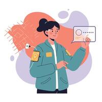 Woman using digital interface technology with smart devices in casual jacket illustration vector