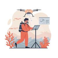 Underwater researcher using drone technology for marine exploration in orange suit with digital display illustration vector