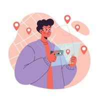 Person using smartphone with digital location pins and map background in modern flat style illustration vector