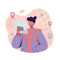 Young woman using smartphone for navigation with location pins on map background illustration vector