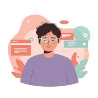 Man with glasses engaging in online communication and digital messaging illustration in modern flat style vector