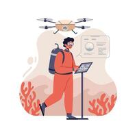Underwater diver using tablet with drone technology exploring coral reef environment illustration vector