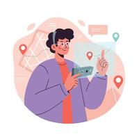Young man using smartphone for navigation with location pins and map interface illustration in purple and orange vector