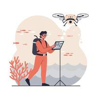 Underwater research scientist controlling drone robot for ocean exploration illustration vector